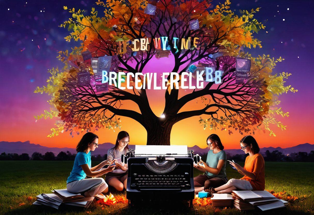 A whimsical scene featuring a diverse group of bloggers, each representing different cultures and storytelling styles, passionately typing on vintage typewriters under a glowing digital tree with colorful leaves made of words. In the background, floating pages filled with stories and ideas blend into a vibrant sunset. Illuminate the uniqueness of voices and creativity in blog writing. vibrant colors. mixed media.