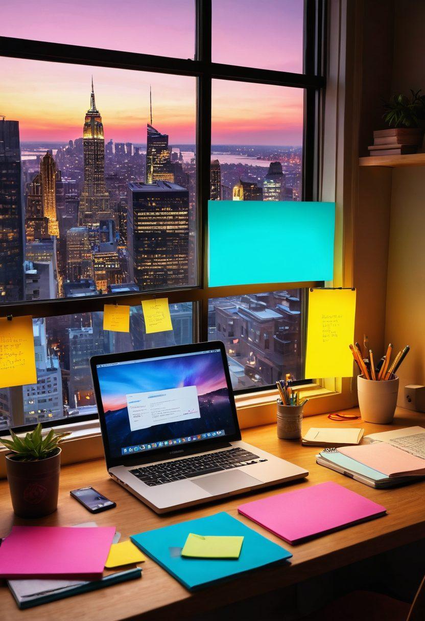 An inviting digital workspace filled with bright notebooks, a glowing laptop displaying social media engagement metrics, and various vibrant sticky notes with creative ideas. Surrounding the desk, a warm light creates an ambiance of inspiration, while a window shows a view of dynamic city life. The scene captures the essence of crafting content that connects with readers. super-realistic. vibrant colors. cozy atmosphere.