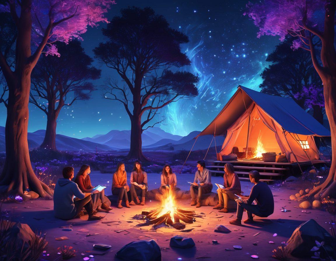 A mesmerizing digital landscape depicting a vibrant blogosphere, with colorful interconnected nodes representing various blogs and stories. In the foreground, a diverse group of people sharing stories around a glowing campfire, symbolizing community and connection. Ethereal wisps of words and visual elements floating between nodes, signifying storytelling flow. Dark blue and purple hues with bright accents to enhance a magical, inviting atmosphere. super-realistic. vibrant colors. 3D.